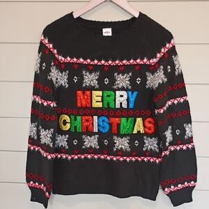 Ugly Christmas Sweater Merry Christmas Sparkly  Glitter Black Size Small
